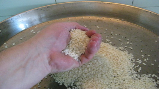Pooring rice into pan