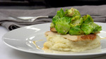 Crusted Chick'n w/ Mashed Potatoes, Brussels Sprouts & Miso-Sesame Sauce 