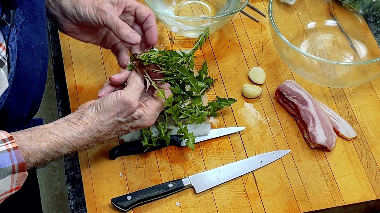 Preparing the dandelion greens
