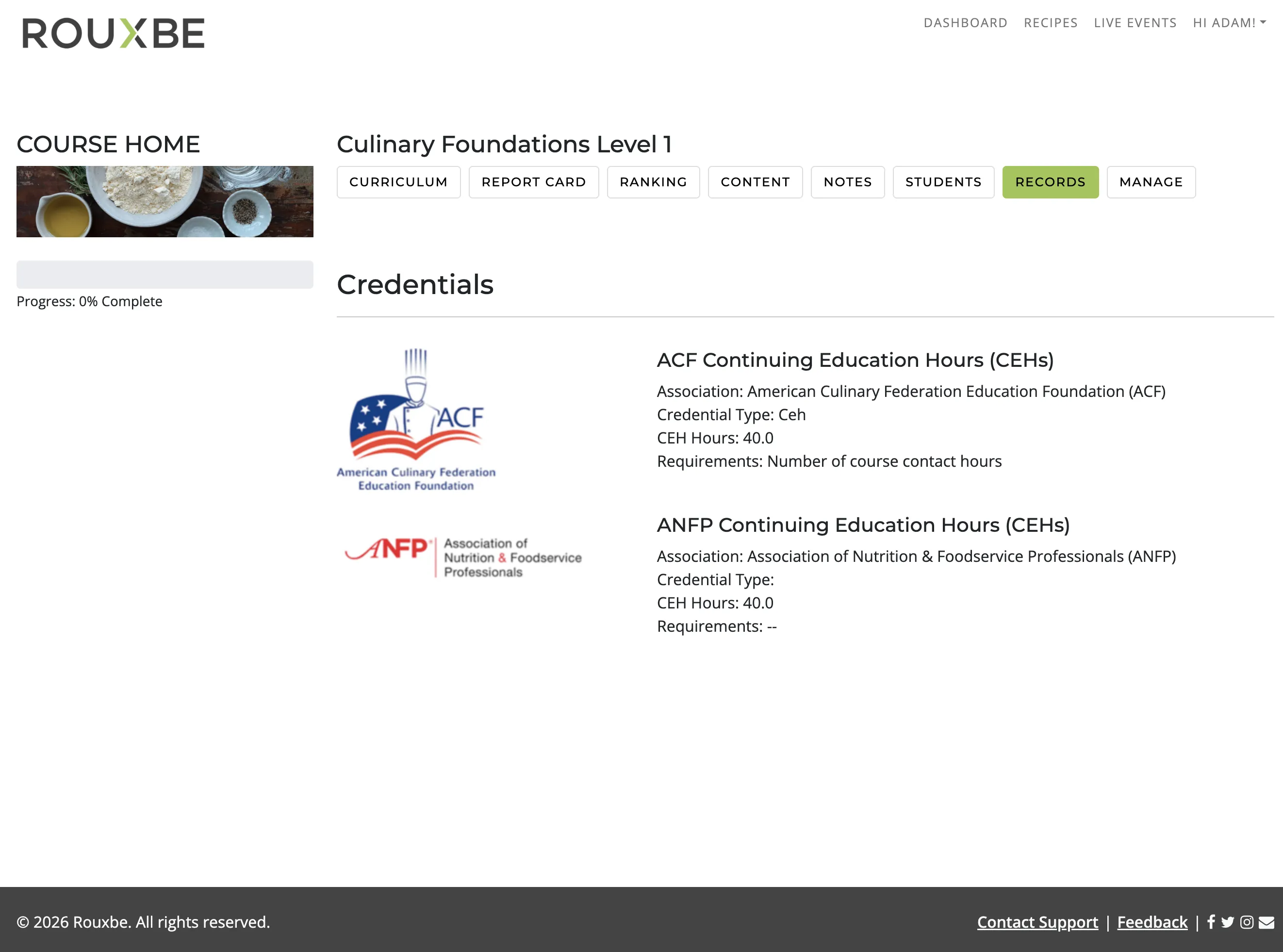 Credentials and progress earned on the Rouxbe platform