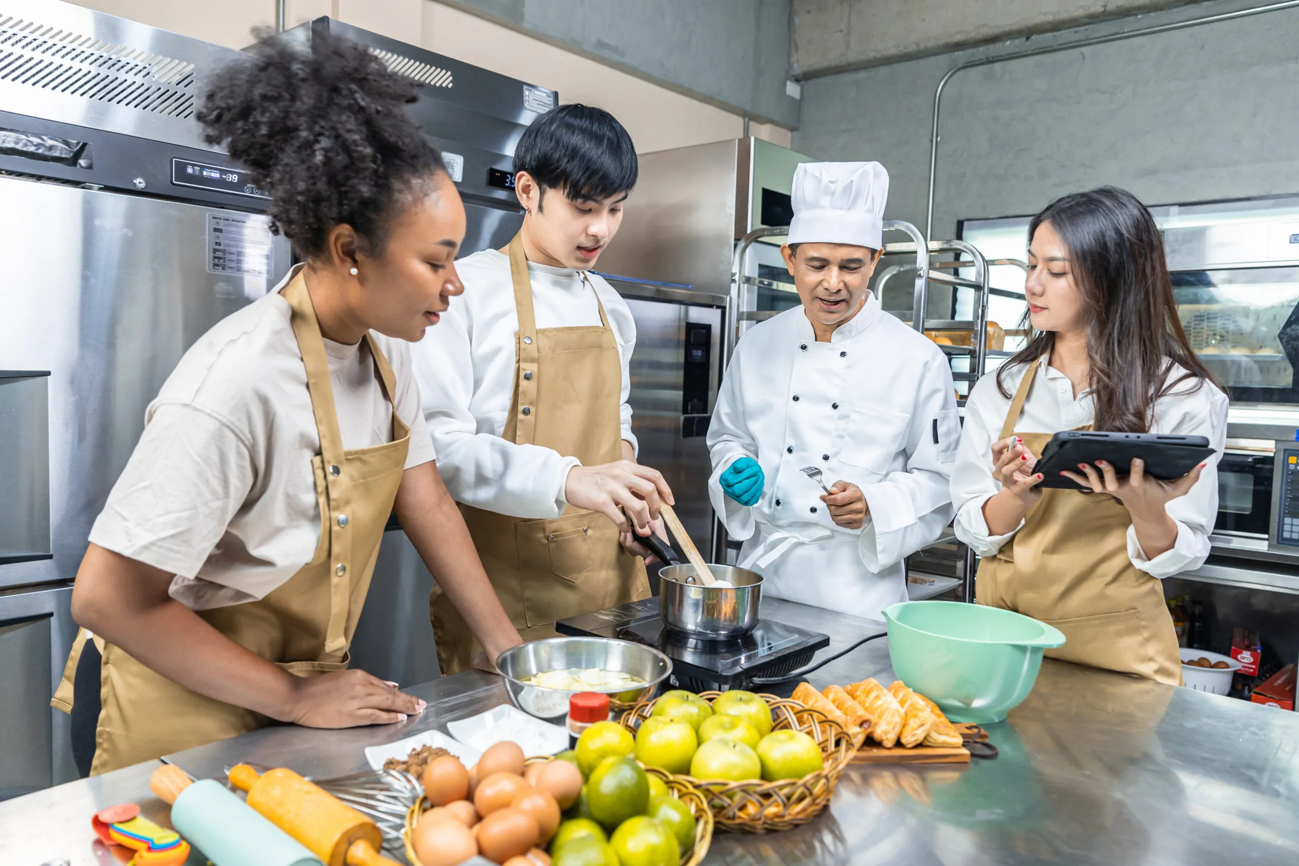 A chef instructor coaching a small team at a kitchen station